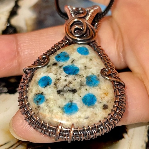 Copper Wire-Wrapped K2 Azurite Jasper Pendant 2 1/4” - Picture 3 of 14